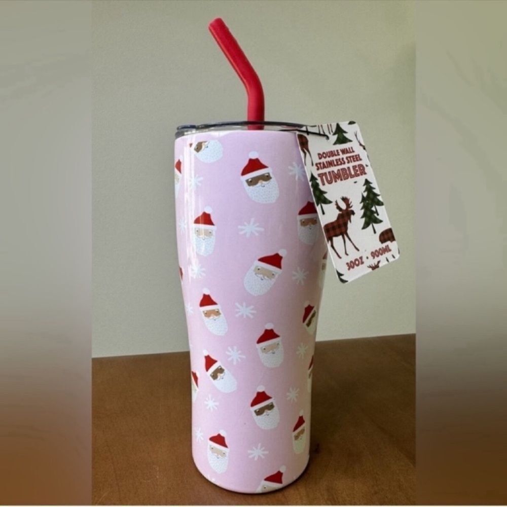 NWT Pink christmas stainless steel tumbler Hot/cold drinks 30oz Santa Cup.